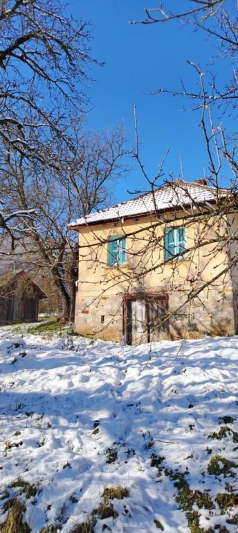 a stone house with blue windows in the snow at Šumarac in Karadak