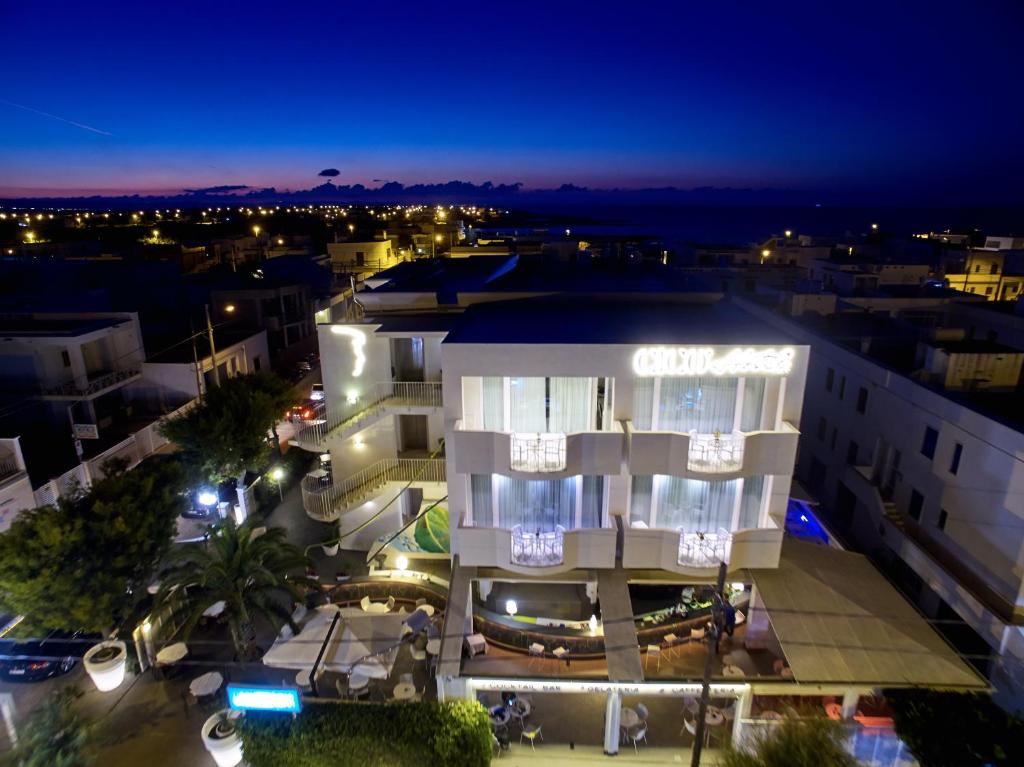 an aerial view of a building at night at Hotel Cicò in Torre Santa Sabina