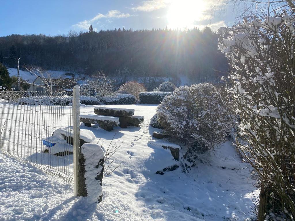 un giardino coperto di neve con una recinzione e delle panchine di Vacances au calme a Wisembach