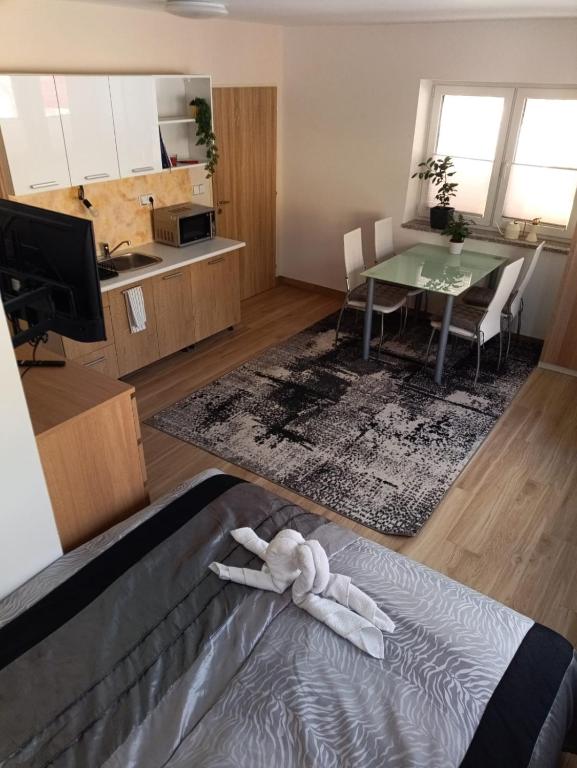 a room with a bed and a table and a kitchen at Apartmán Eliška v Karolince in Karolinka