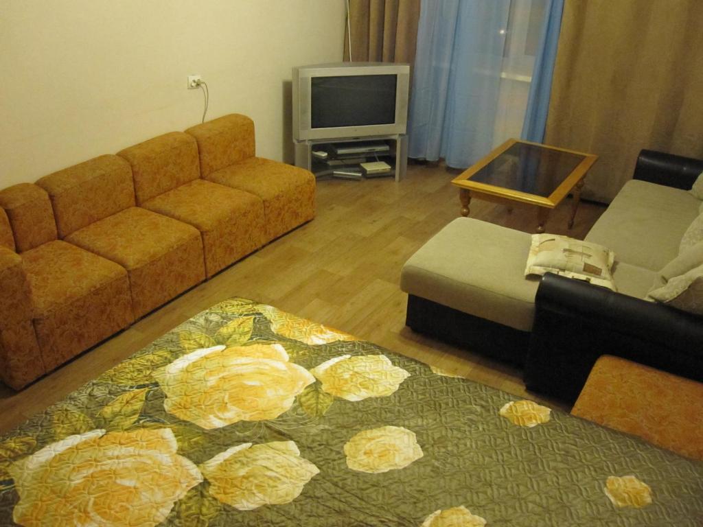 a living room with a couch and a tv at Apartment Kropotkina 11a in Voronezh