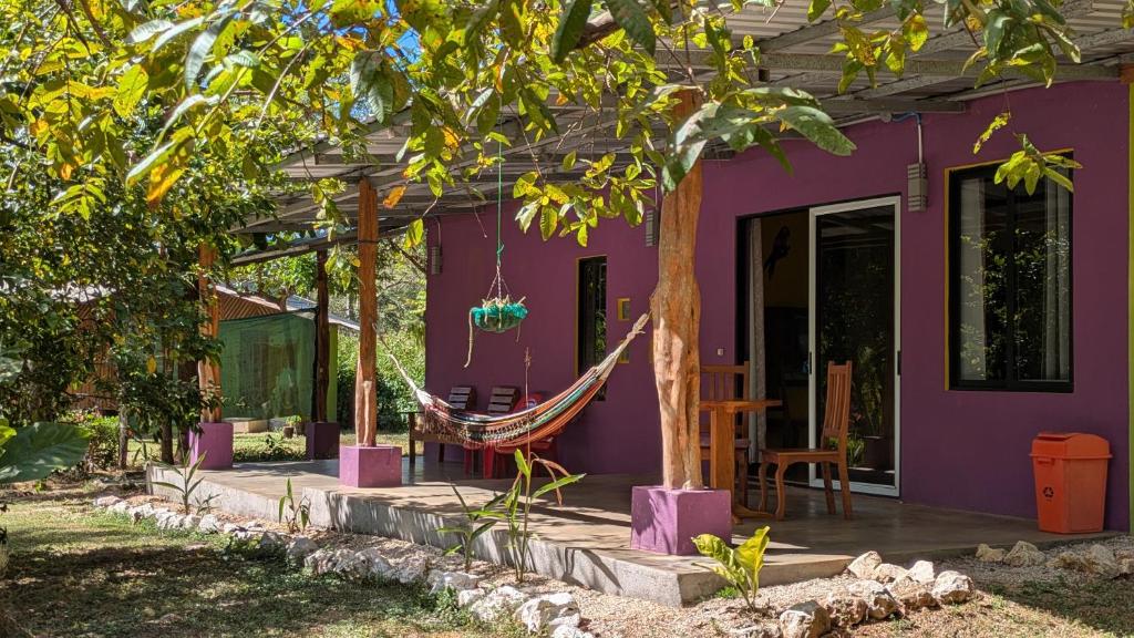 ein lila Haus mit einer Hängematte davor in der Unterkunft Casa Coco Playa Marbella with AC, Swimming Pool, Skate Bowl & walking distance Beach for Surfers and Nature Lovers in Marbella