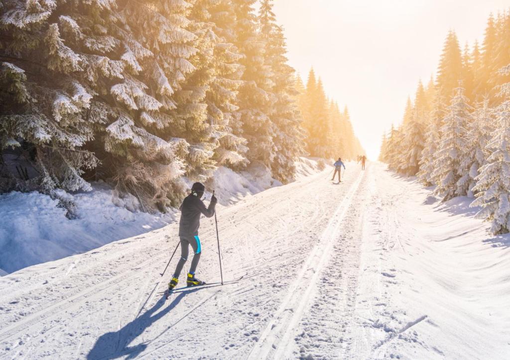zwei Personen fahren einen schneebedeckten Hang hinunter in der Unterkunft Domki Mazurskie w Ogrodach Złotej Łani Wiartel - Klimatyczne Apartamenty i Pokoje Widokowe in Wiartel