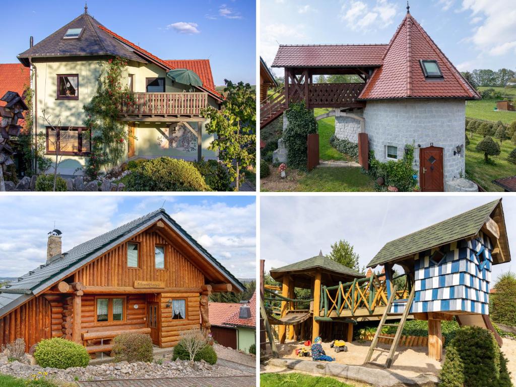 four different pictures of a house and a cabin at Märchenhafte Ferienhäuser in Zaulsdorf
