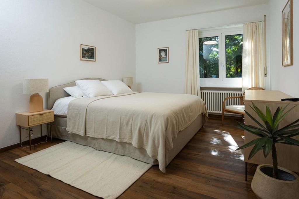 a white bedroom with a bed and a potted plant at Maraini Deluxe Apartment - free parking in Massagno