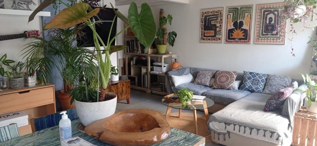 a living room with a couch and a table at L'Art'Home à Carnon Plage in Mauguio