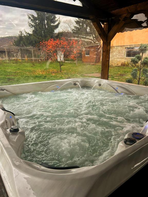 a jacuzzi tub with water in a yard at Greenview Villa Sofia in Drenovo