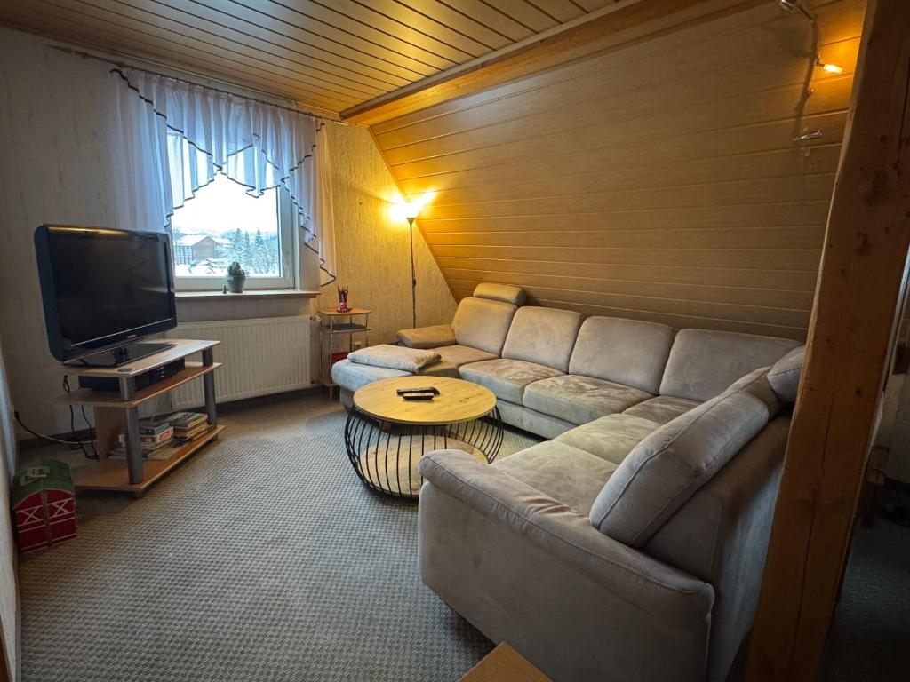 ein Wohnzimmer mit Sofa und Fernseher in der Unterkunft Haus PANORAMA - Appartement Auszeit 3 in Braunlage