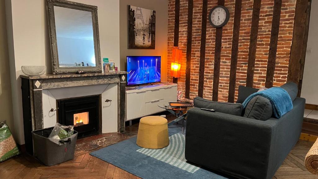 un soggiorno con camino e televisione di Le Logis de Pélagie a Neufchâtel-en-Bray