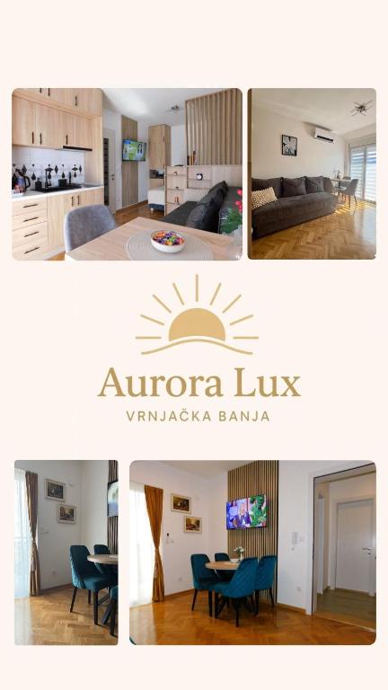 a collage of photos of a living room and a kitchen at Aurora Lux in Vrnjačka Banja