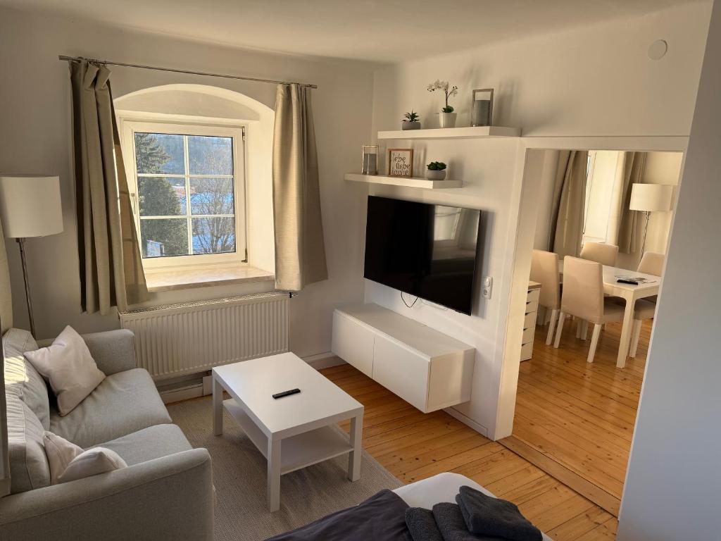 a living room with a couch and a flat screen tv at Yellow House Apartments - Top 3 in Steyr