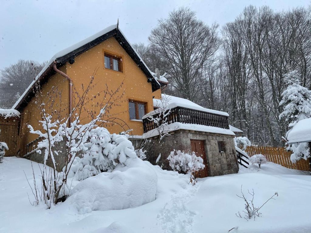 a house covered in snow in front of it at Villa Garden Balvanyos in Turia