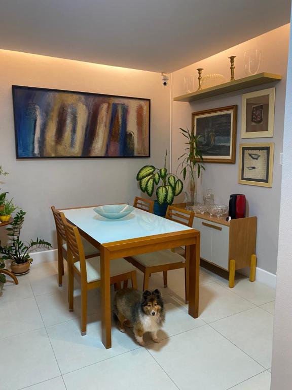 a table and chairs with a dog sitting under it at Suíte Aconchegante in Belém