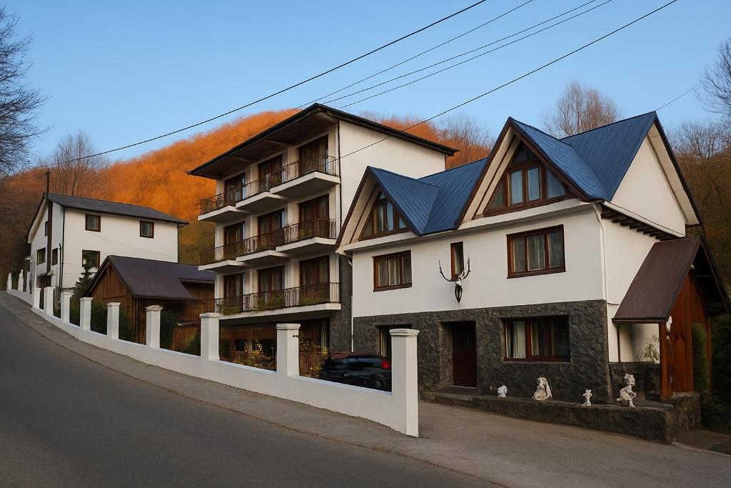 a large white building with black roofs on a street at Casa Albiony Dâmbovicioara in Dîmbovicioara