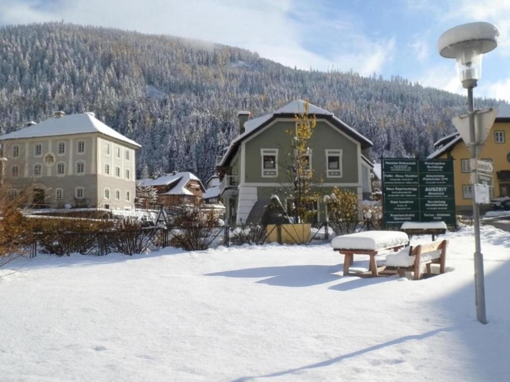 een park in de sneeuw voor een gebouw bij Schloßblick in Ramingstein