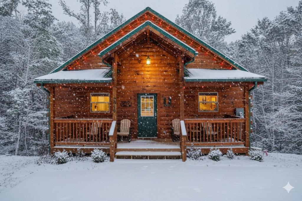 una baita di tronchi nella neve nei boschi di Winter Wonderland, Your Mountain Escape awaits a Pigeon Forge