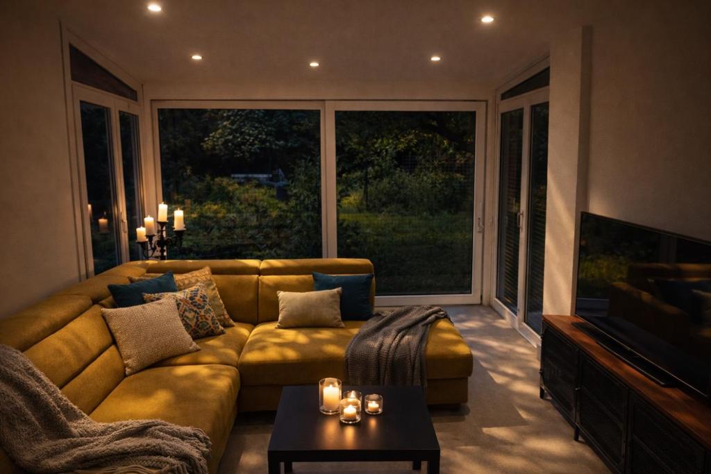 un soggiorno con un divano e una grande finestra di Zentral mit Garten für bis zu 6 Personen a Paderborn