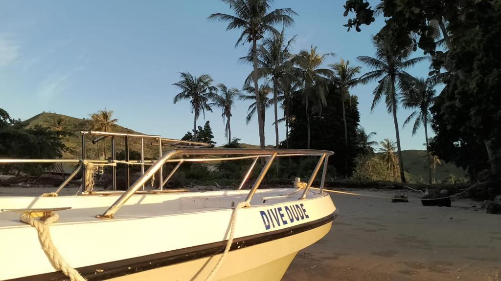 a boat sitting on a beach with palm trees at The houmstay pangsing in Mataram