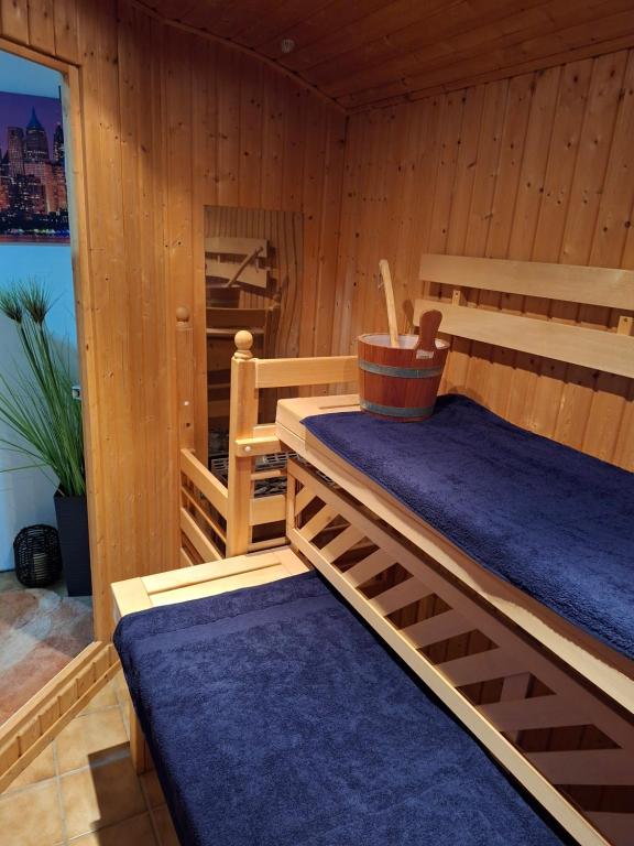 a sauna with two bunk beds and a plant at Krez Ferienhaus in Plein