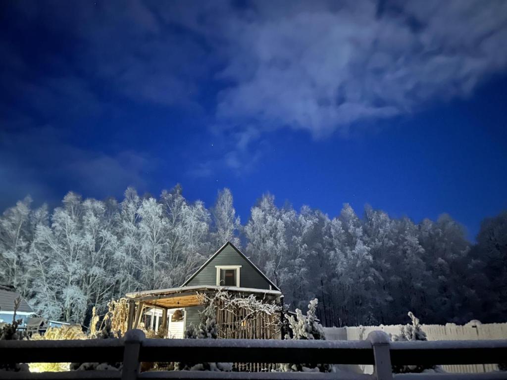 a house covered in snow with trees in the background at Morski Klimat Sasino domki z balią i kominkiem in Sasino