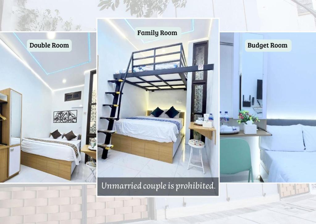 2 immagini di una camera con letto a castello di Laswi Syariah Guest House a Bandung