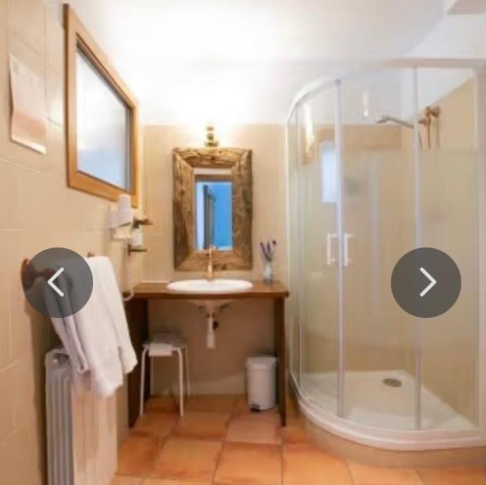 a bathroom with a glass shower and a sink at Habitació Doble Era de Ferro in Erill la Vall