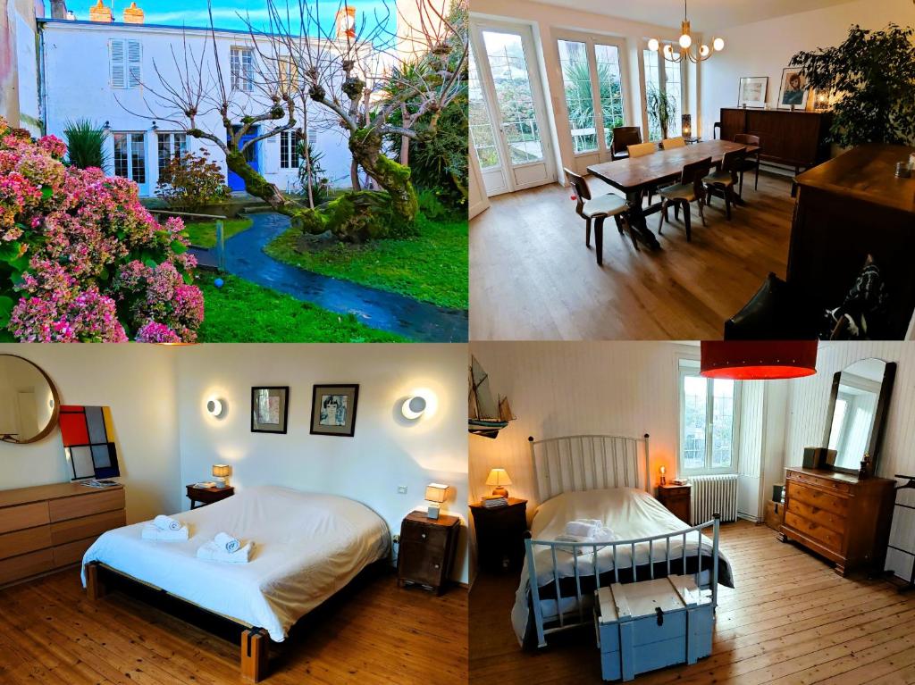 a collage of four pictures of a bedroom and a room at Villa Simone - 200m de la Plage in Les Sables-d'Olonne