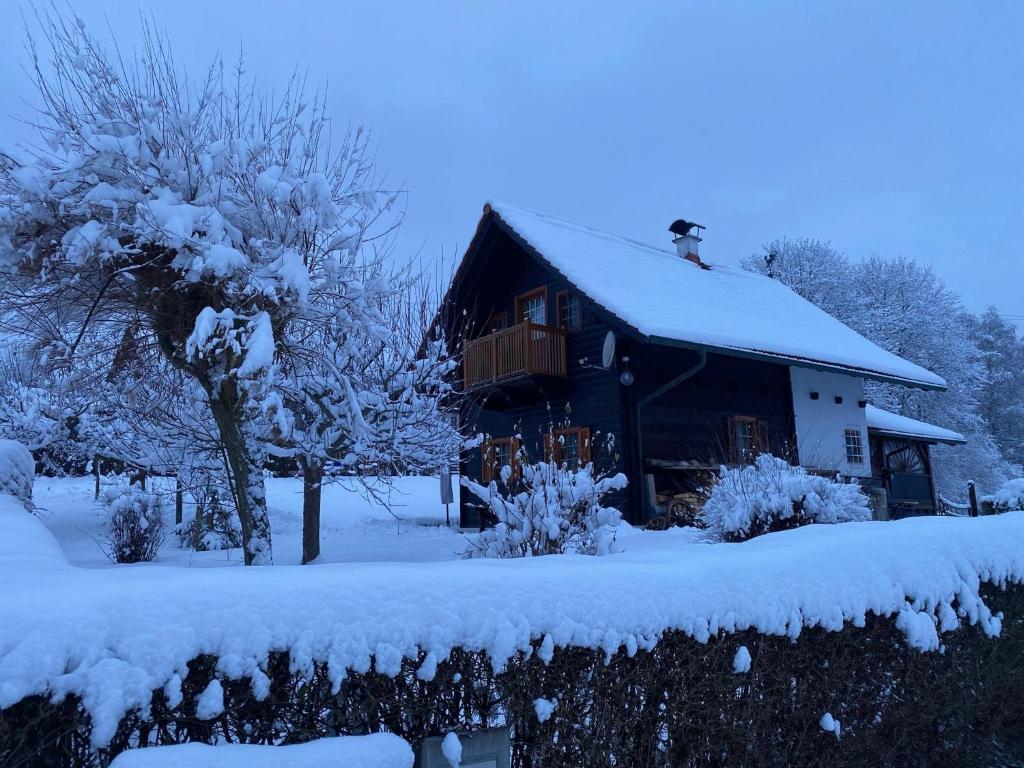 een huis bedekt met sneeuw met een kat op het dak bij Troadkastn Familie Fritz in Passail