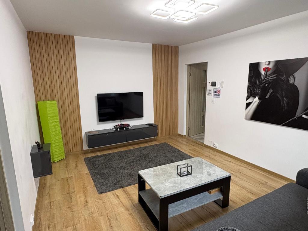 a living room with a couch and a tv on a wall at Casa Darius 2 in Alexandria