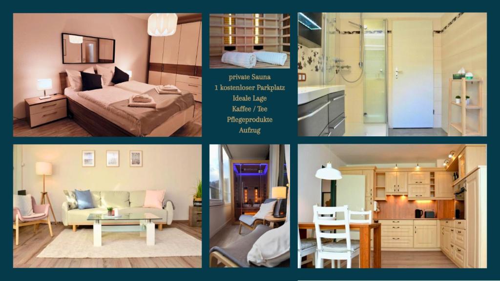 un collage di quattro foto di una stanza di ApartZ - Bad Harzburg - Apartment mit Sauna in idealer Lage mit Bergblick a Bad Harzburg