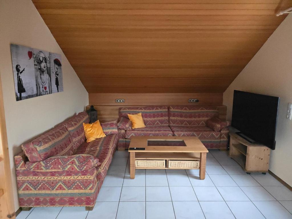 a living room with a couch and a tv at Ferienwohnung Auf der Warthe in Florstadt