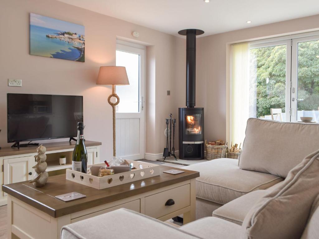 a living room with a couch and a fireplace at Brook View Cottage in Pembrokeshire