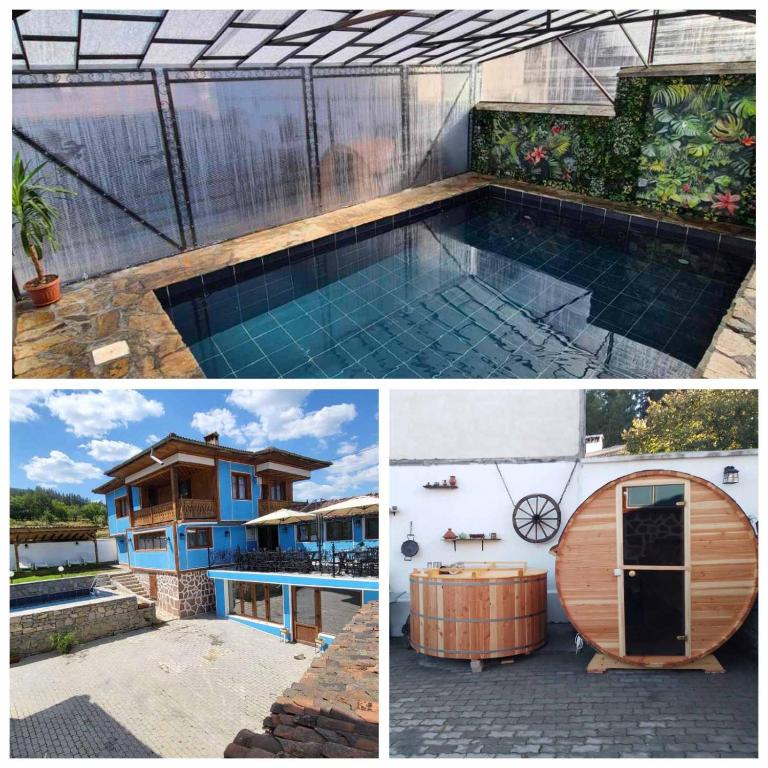 a collage of pictures of a house and a swimming pool at Old House - Стара Къща in Koprivshtitsa
