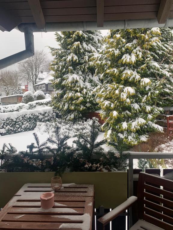 een met sneeuw bedekte kerstboom voor een tafel bij Harzgeist in Goslar