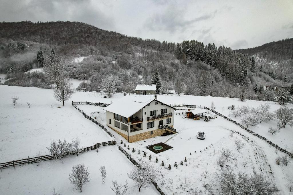 an aerial view of a house in the snow at Cabana FloriDeea in Scrind-Frăsinet
