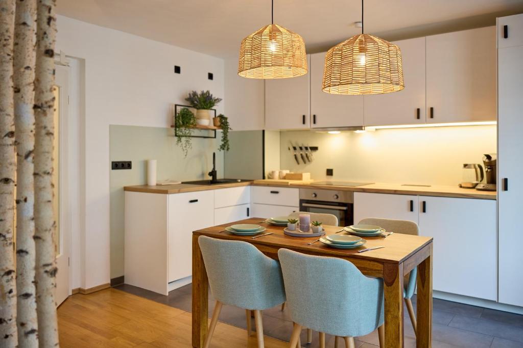 a kitchen with a wooden table and chairs at Großzügiges Studio-Apartment in Dresden