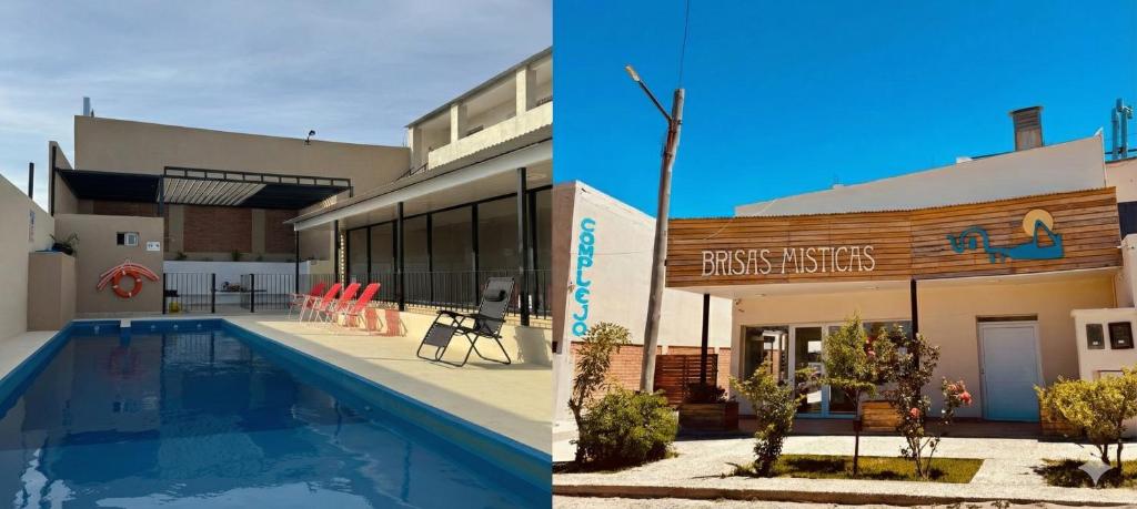 twee foto's van een gebouw en een zwembad bij Complejo Brisas Místicas in Las Grutas
