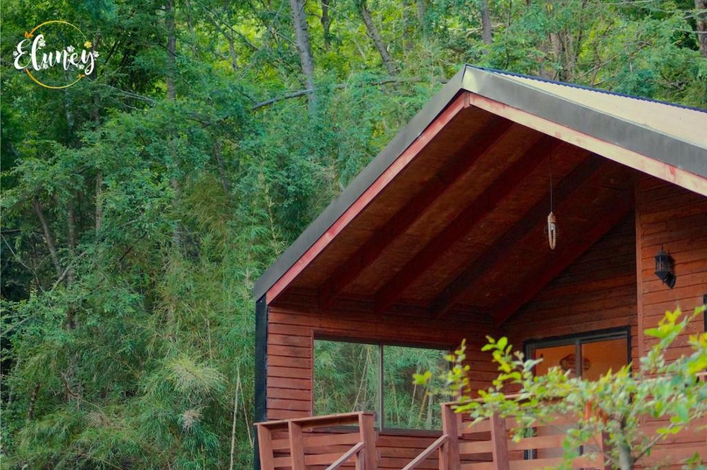 una cabina nel bosco con tetto di Cafeteria y Cabañas Eluney - Llaurel a Pucón