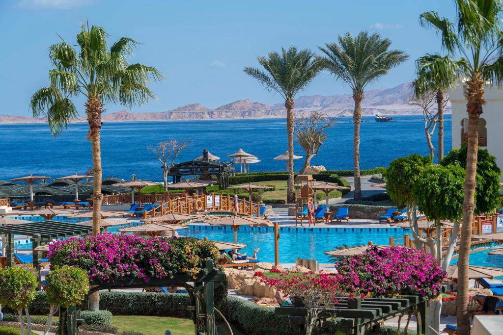 a resort with a pool and palm trees and the ocean at Charmillion Club Resort in Sharm El Sheikh