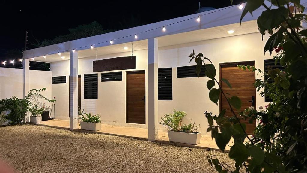 a white building with potted plants and lights on it at Muunyal Naj in Valladolid