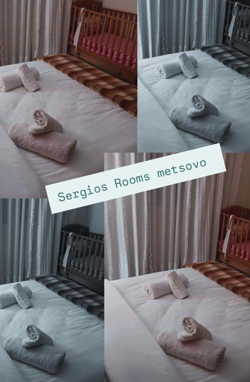 a collage of four pictures of a bed withacers rooms mexs at Sergios Rooms votonosi metsovo!!! in Votonósion