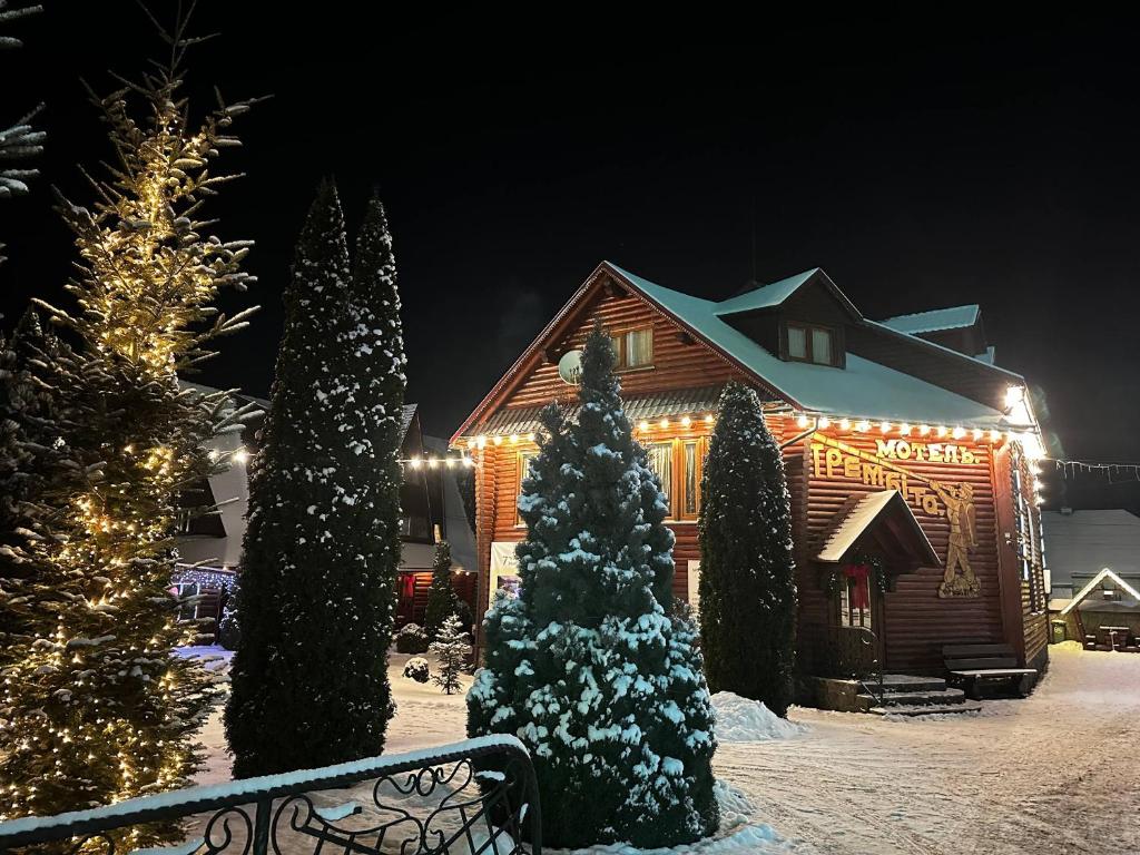a house decorated with christmas lights in the snow at Trembita in Mizhhirʼʼya