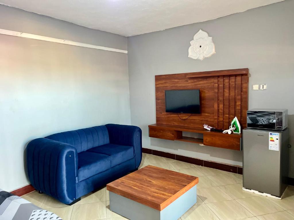 a living room with a blue couch and a tv at Stylish Smart Studio Apartment in Kampala