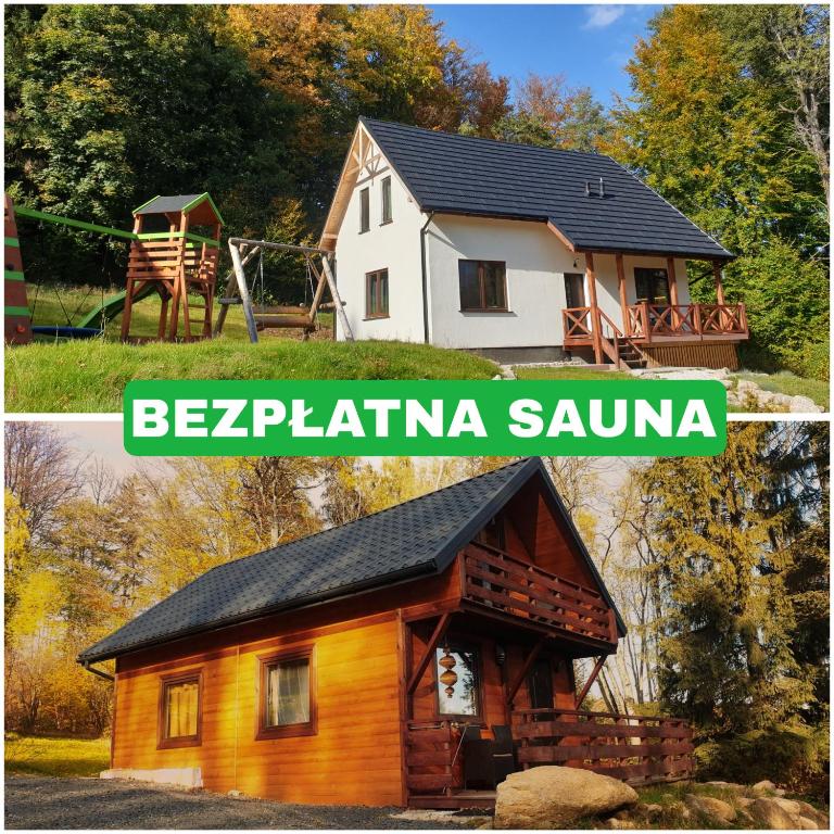 a collage of two pictures of a log cabin at Omszałe Głazy Dom i Domek na wyłączność przy szlakach Karkonoszy in Zachełmie