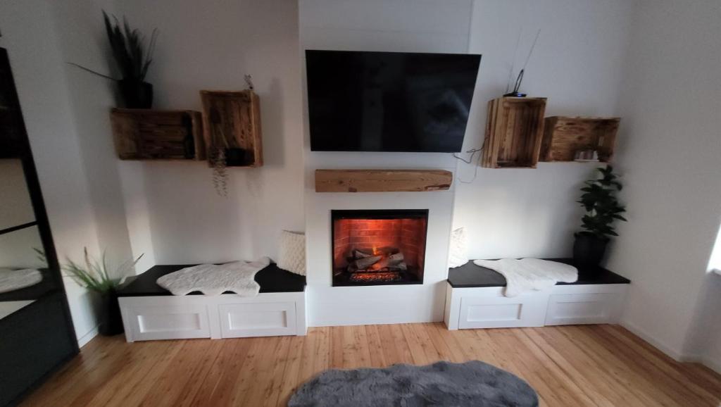 een woonkamer met een open haard en een flatscreen-tv bij Seeloft in Gmunden