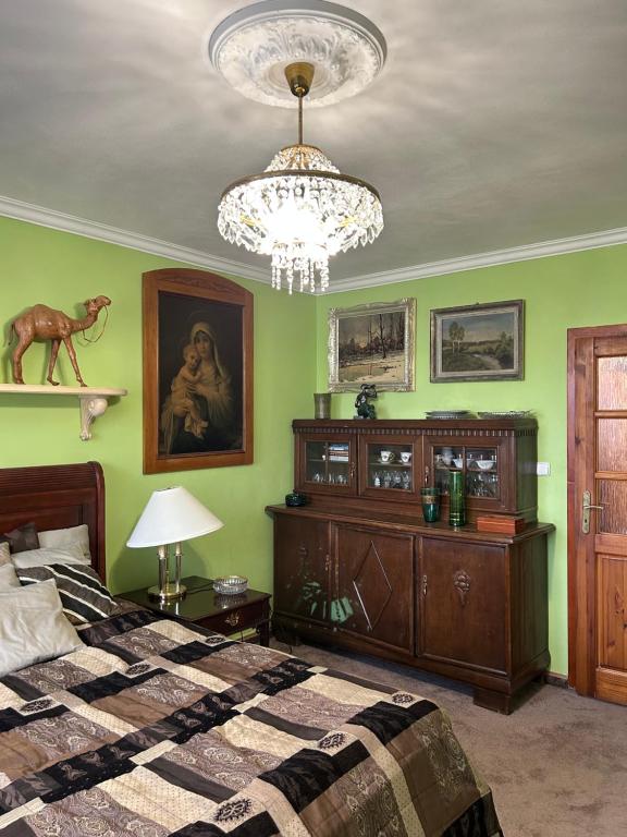 a bedroom with a bed and a chandelier at Zelený byt u Bořího lesa in Břeclav