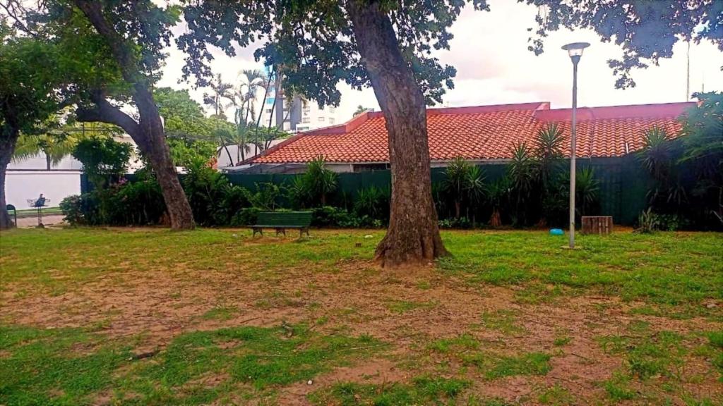 a park with two trees and a bench in the grass at Green Park Urbarí in Santa Cruz de la Sierra