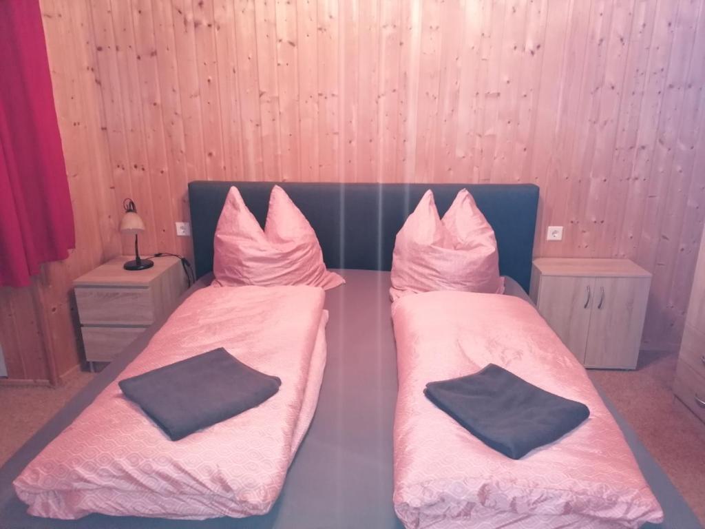 two beds in a room with pink sheets and pillows at Pension Rippachtal 2 in Lützen