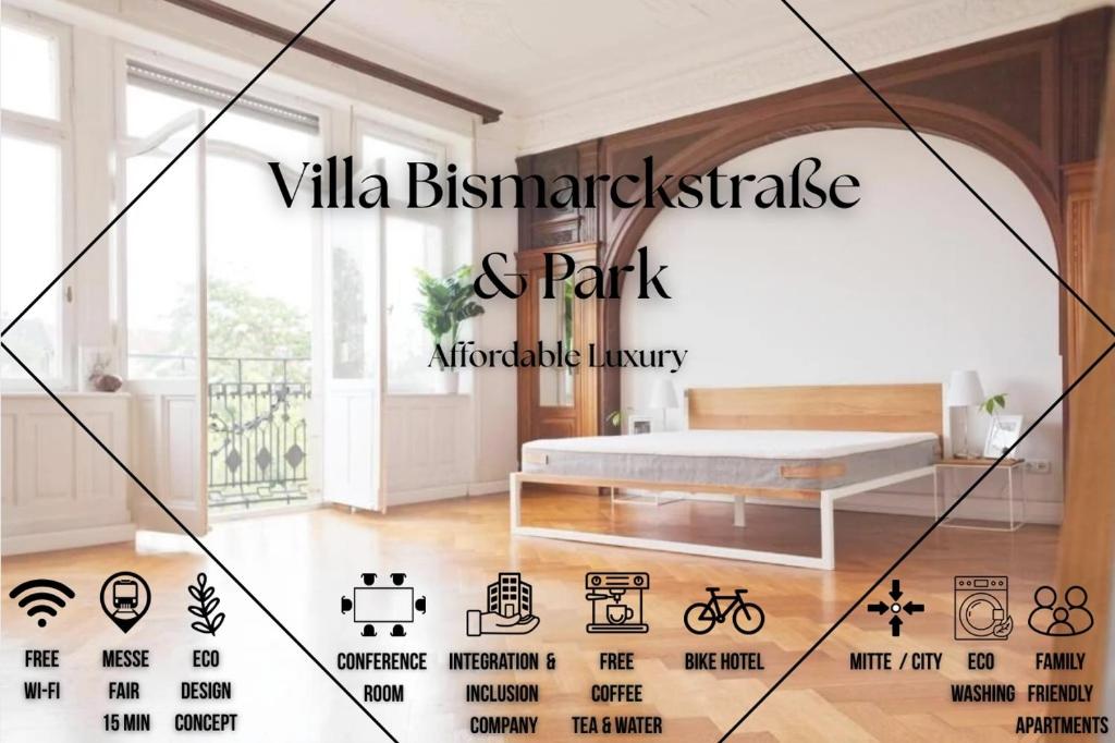 um poster de um quarto com uma cama num quarto em Green Residence Boutique Lofts & Villa am Park em Offenbach