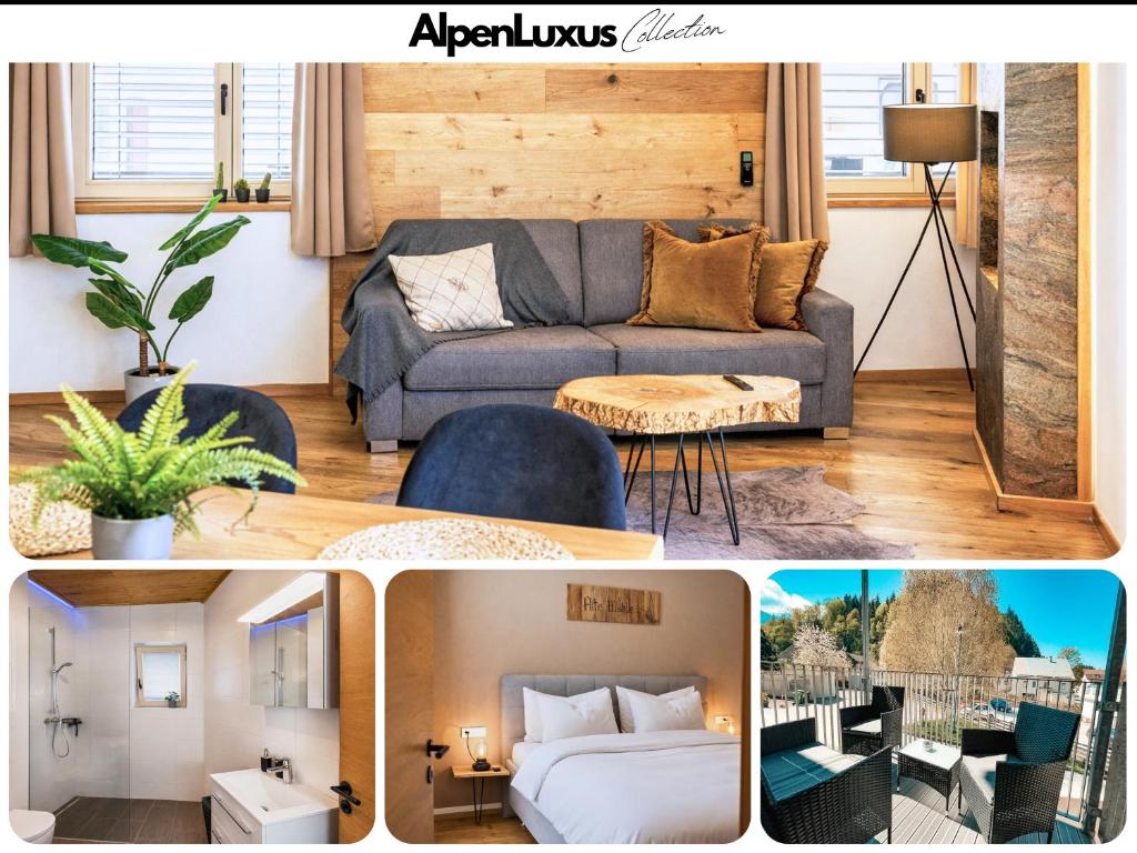 un collage di foto di un soggiorno con divano di ALTE MÜHLE LOFT - AlpenLuxus Collection a Brixlegg